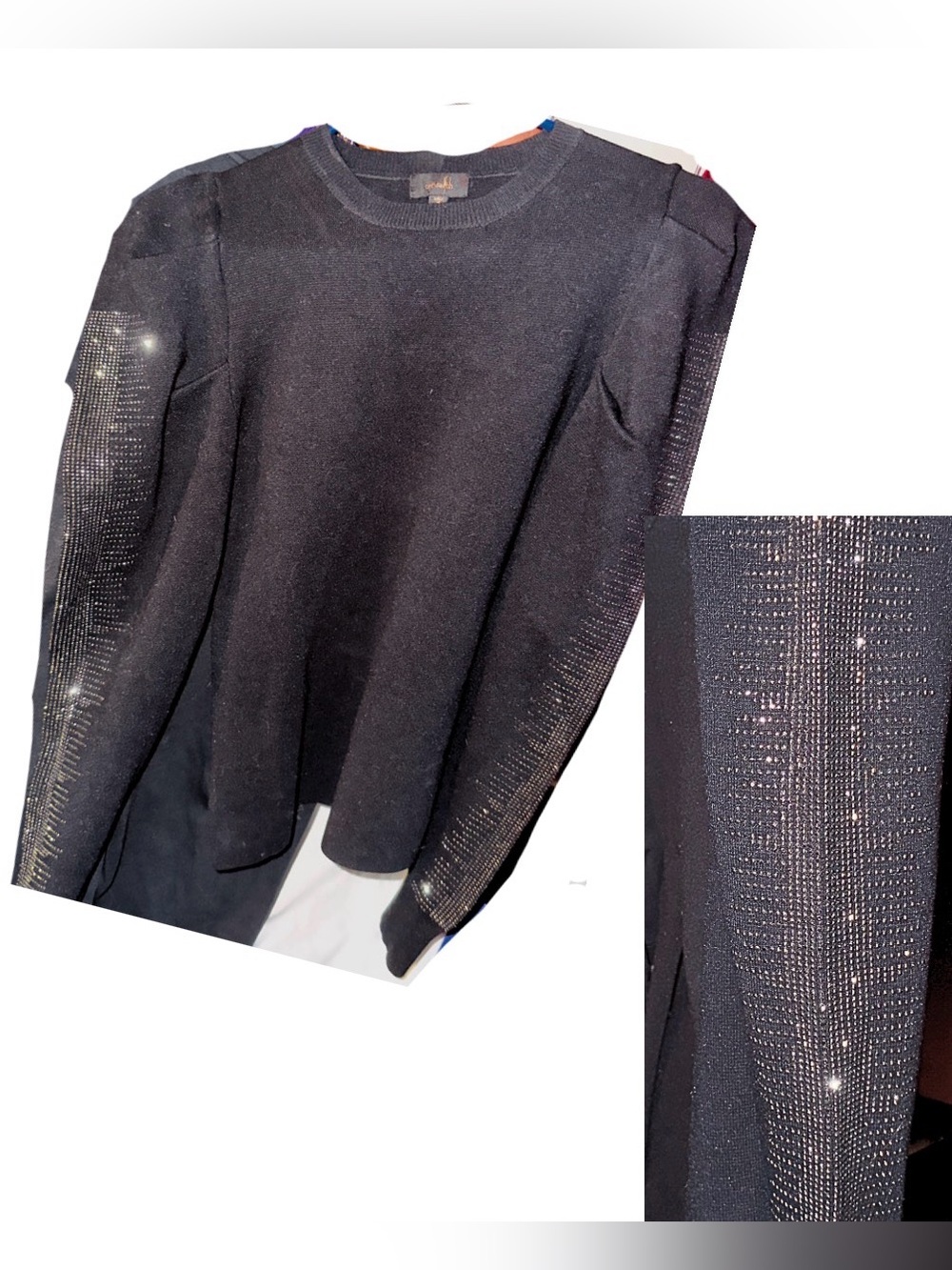Luxury Women’s black Pullover Sweater, crystal Sleeves. On Twelfth. S-M, 💯 Glam - Picture 4 of 4